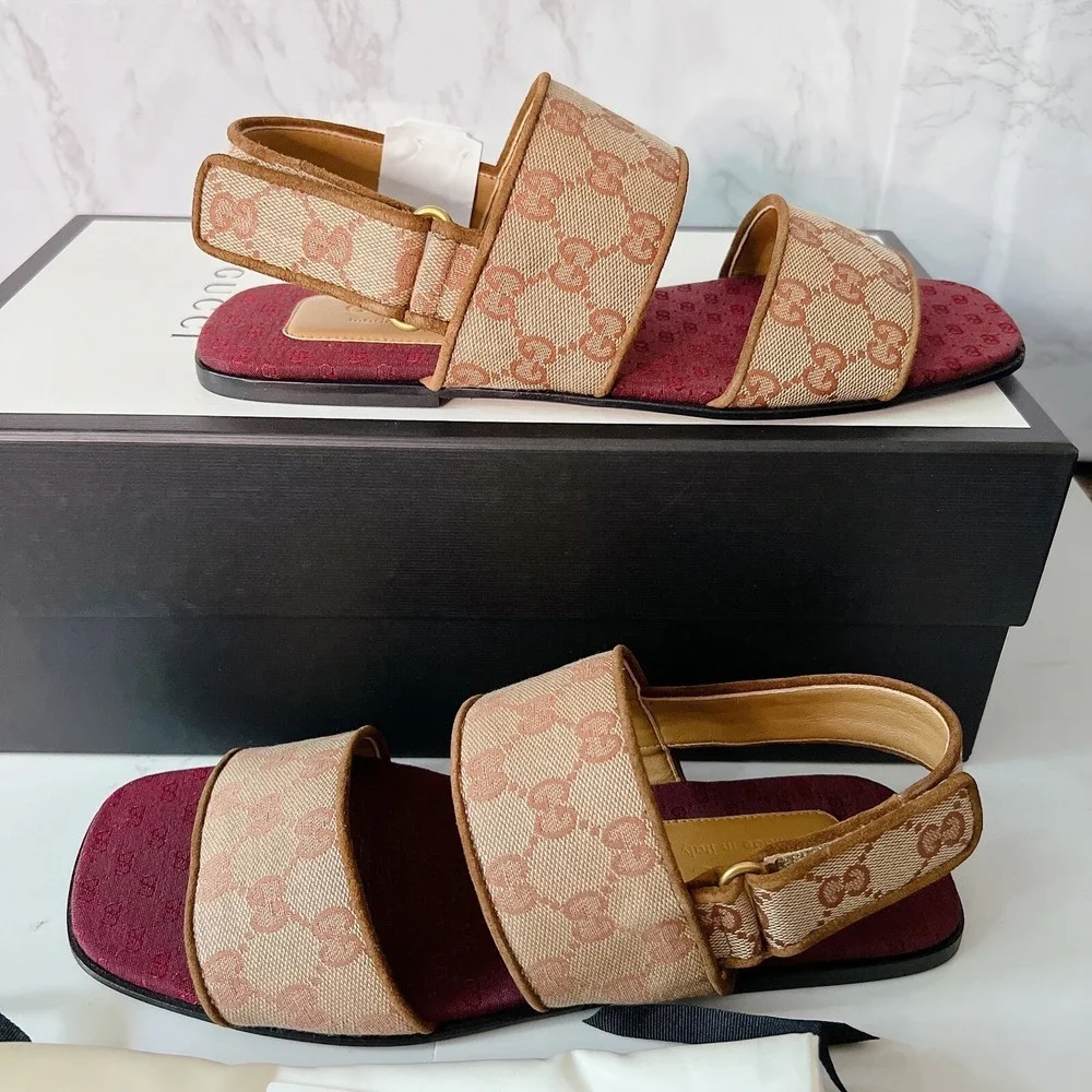 Gucci GG LOGO Monogram Wide Strap Sandal Brown/ Beige Canvas Mens UK 7.5 US 8